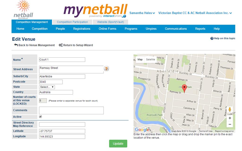Adding your Venues Competition Management Competition Venues > Maintain Venues Venue in MyNetball means the one court e.g. if your venue is x park you will need to call it X PARK COURT 1 or COURT 1 X PARK.