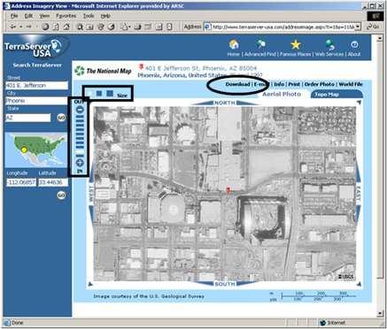 5. Click on the tab labeled Aerial Photo to see the DOQQ of your location (see circle below). To the left of the image is a scale bar that allows you to zoom in and out.