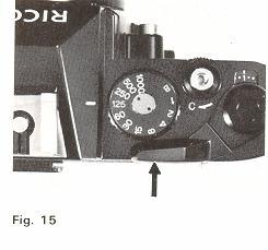 2. Whenever picture-taking is completed. be sure to move Film Advance Lever (11) to "OFF'' position (Fig. 15). The electric circuit is switched off and Shutter Release Button (9) is locked.
