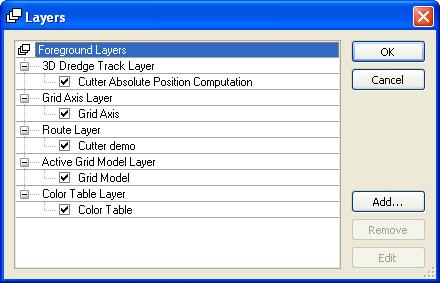 5.6.3 3D View Online Dredge Layer Control The layers can be used to add extra information to the 3D view. Click on in the toolbar or select Layer Control in the context menu to open Layers.