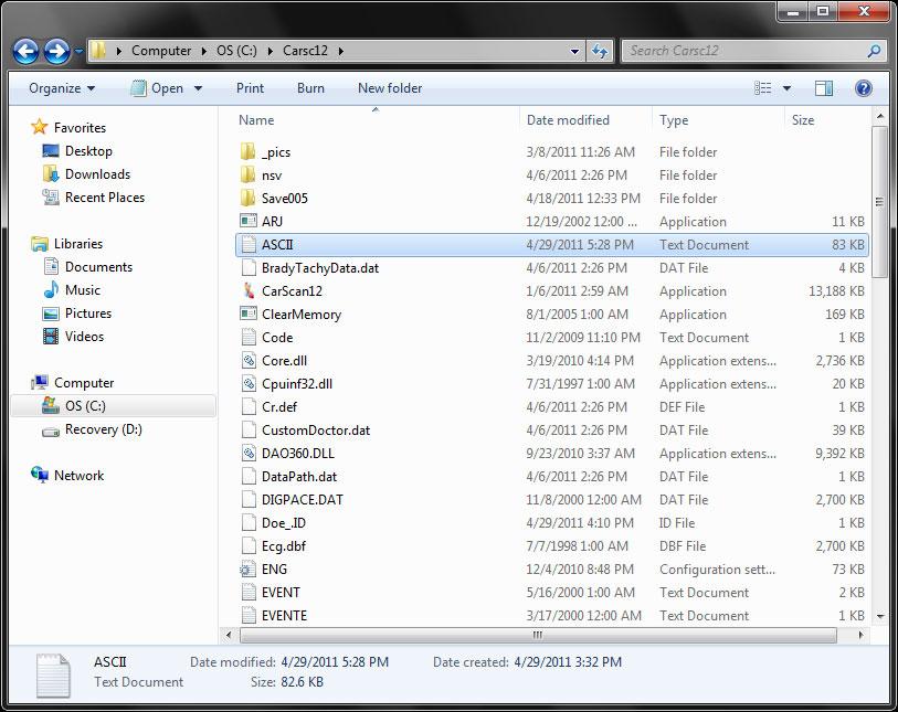 CardioScan is installed (typically C:\Carsc12) using Windows Explorer (right-click on the Start