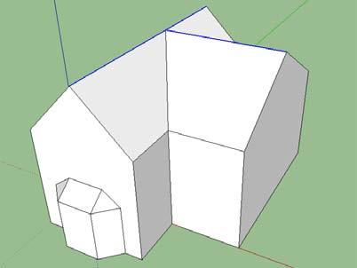 mouse towards the back of the house. A guide will appear showing that the endpoints of the two lines are in line, and we can click on the back of the roof to finish drawing this last roof line. 15.