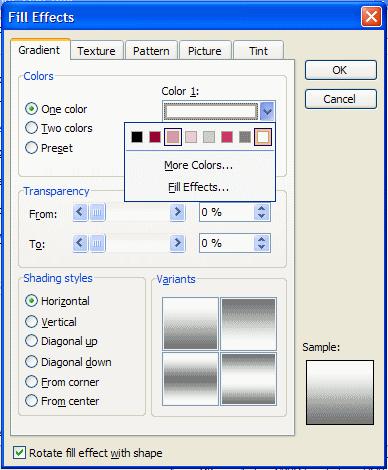 Click-on Fill Effects. The following Fill Effects menu screen will appear. Click-in the small circle to the left of One color (see arrow). A Color 1 color box will appear to the right of One color.
