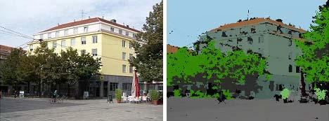 Figure 1: A street-side image and the classification result, using the method proposed in this paper. Classes in the image are marked in different color.