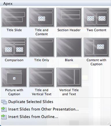 LIBRARY AND LEARNING SERVICES MAC POWERPOINT BASICS Inserting a New Slide Home >> New