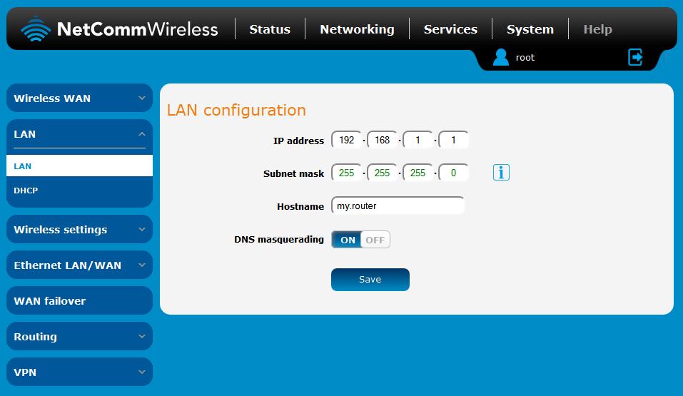 LAN LAN configuration The LAN configuration page is used to configure the LAN settings of the router and to enable or disable DNS Masquerading.