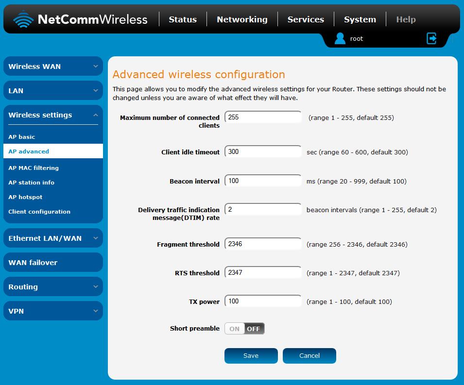 AP advanced The advanced wireless configuration page allows you to modify advanced wireless access point settings of your router.