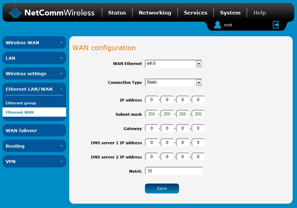 Ethernet WAN The Ethernet WAN page allows you to configure the connection type and metric of the available WAN connections.