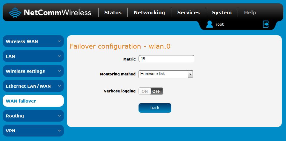 WAN failover The WAN failover page displays a summary of the configured WAN interfaces and their priorities (Metric). Lower metric values determine higher priority.