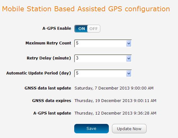 Mobile Station Based Assisted GPS configuration To access the Mobile Station Based Assisted GPS configuration screen, select the Services item from the top menu bar then the GPS item on the left.