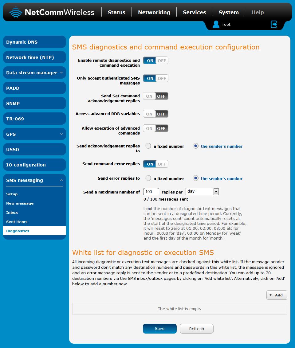 Diagnostics The Diagnostics page is used to configure the SMS diagnostics and command execution configuration.