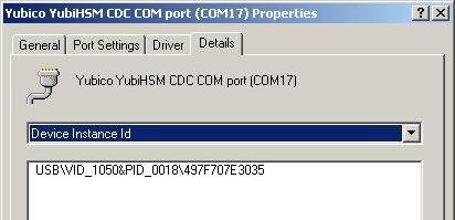 provides WDM support for CDC devices. Use the supplied YubicoVCP.inf file during the installation. When successfully installed, the YubiHSM appears under Ports in the Device Manager.