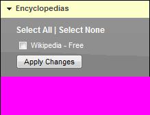 Option Description Click Select All to show results from all encyclopedia subscriptions. Click Select None to omit encyclopedia subscriptions from the results.