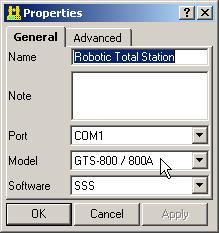 Total Stations General tab select the computer serial port of communication with a Total Station from the Port listbox;