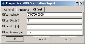 TopSURV Files Editing Offsets Use the Properties dialog box to enter different horizontal and vertical offsets between a survey point and sub-antenna point. 1.