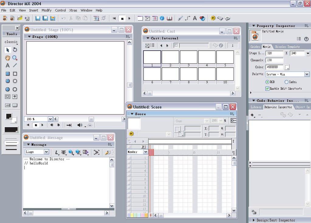 SM3117 Interactive Installation and Physical Computing Director Workshop I 26th January, 2005 Introducing Macromedia Director MX 2004 The Environment Key windows often used in Director MX 2004 :