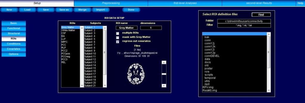 (4) conn - fmri Functional connectivity toolbox v13 Step one: Setup (Defines experiment information, file sources for functional data, structural data, regions of interest, and other covariates)
