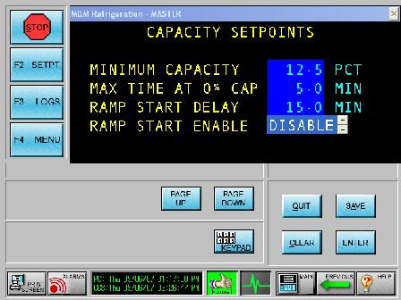 Capacity Setpoints The CAPACITY SETPOINTS screen allows the operator to set acceptable ranges for minimum Capacity and Ramp Start Parameters as shown in the following example.