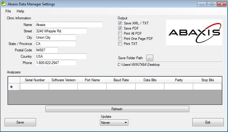 Establish Connection with Analyzer Abaxis Data Manager > Refresh. Ensure no analyzers are running an analysis or transmitting data. > OK. Locate your Blood Chemistry Analyzer in Analyzers list.