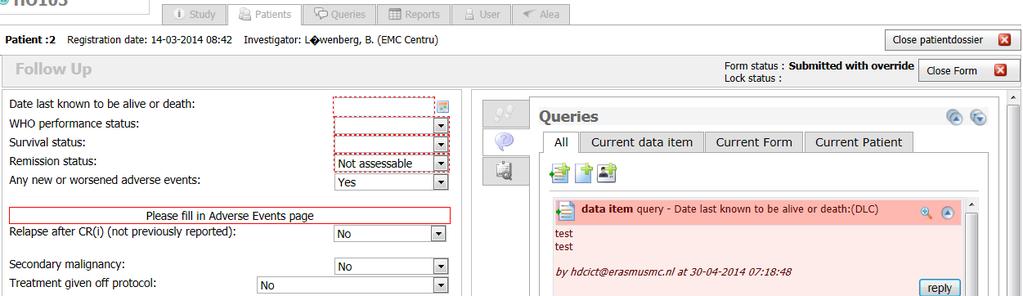 Please note that even though the status remains Replied, CDM can have reraised the query, so always look at the color of the query: red means that there is still an answer required from LDM.
