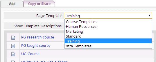 5. Click New Page on the welcome bar. 6. Select Training from the Page Template dropdown at the top of the page: 7.