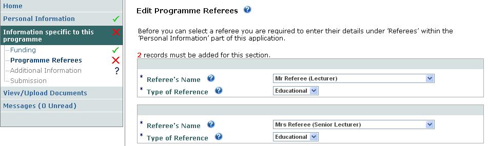 Programme Referees! You must select 2 referees for this section. Your list should contain the names of the referees that you have already added.