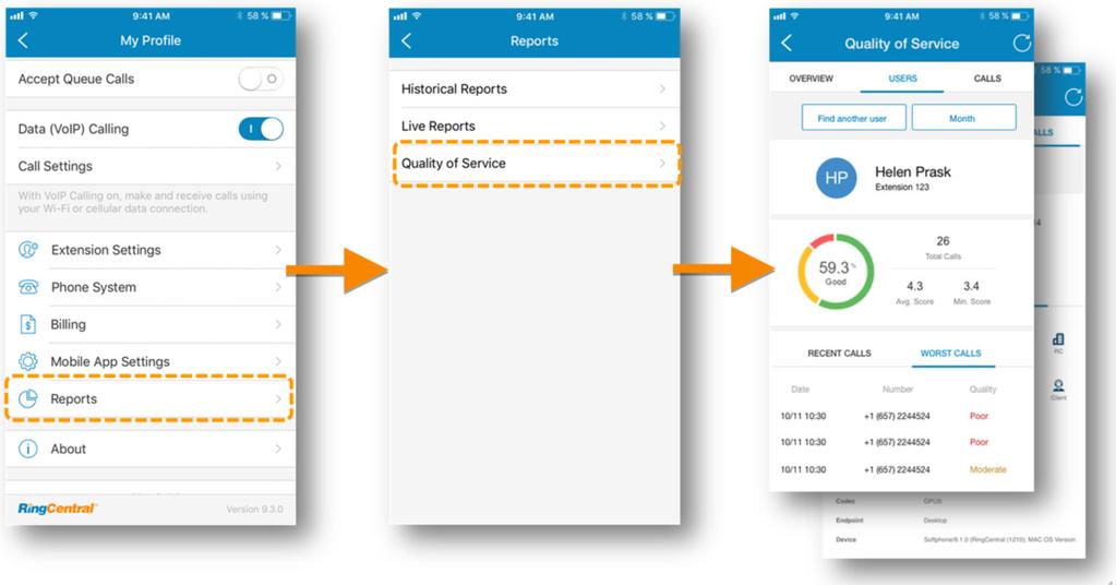 RingCentral Mobile App Guide Appendix A - Reports 107 Quality of Service Reports Added ability to access key operational QoS metrics from mobile app settings.