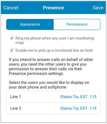 Under the tab Permissions you can check those colleagues who can monitor your phone s Presence. Then click Save. Now tap Permissions. Tap Share my presence.
