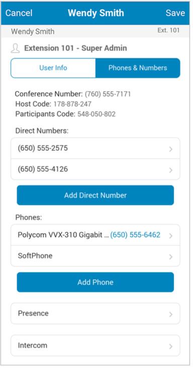 RingCentral Mobile App Guide Managing Your User Settings 46 Phones and Numbers At the top of the User Info screen, tap Phones & Numbers.
