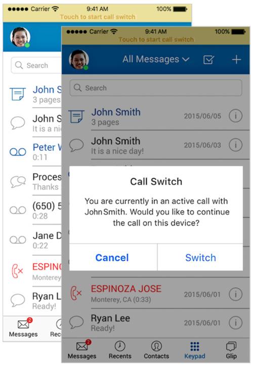 RingCentral Mobile App Guide Call Switch 52 Call Switch Feature Summary Call Switch allows uses to handoff an active call from one endpoint to another, e.g. from the Desktop app to their mobile phone, from mobile phone to Desktop.