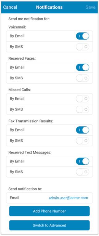 RingCentral Mobile App Guide Messages & Notifications 55 On the Notifications Basic screen, you have the choice of sending notification by email or by SMS*. Tap a choice to turn it ON or OFF.