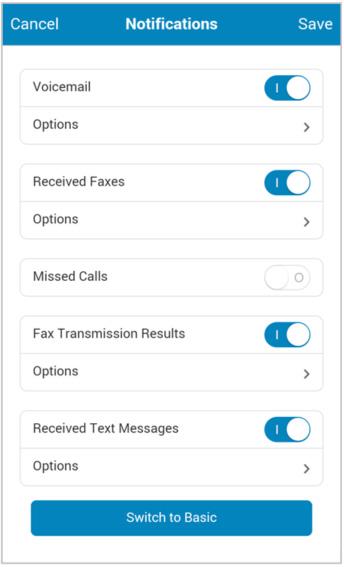 You can enter more than one phone number to receive SMS notifications. Tap Save. The email and phone number selected are now displayed at the bottom of the Notifications page.