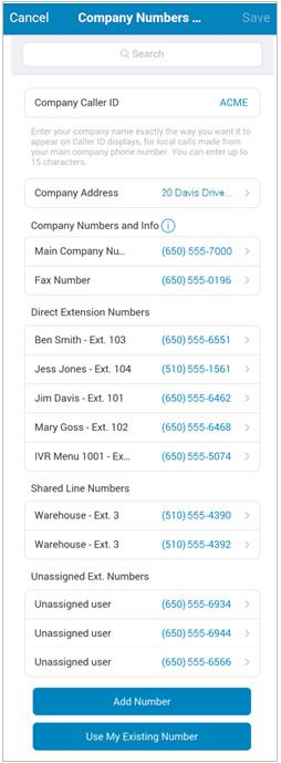 RingCentral Mobile App Guide Company Numbers and Info 69 Company Numbers and Info Tap your photo, Phone System > Company Numbers and Info.