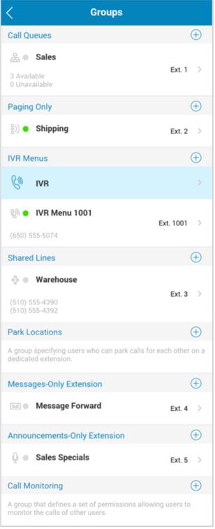 RingCentral Mobile App Guide Groups 74 Groups Groups Support these features: Call Queues Call Monitoring Paging Multi-level IVR Menu Messages-Only Extension Announcement-Only Extension Shared Groups