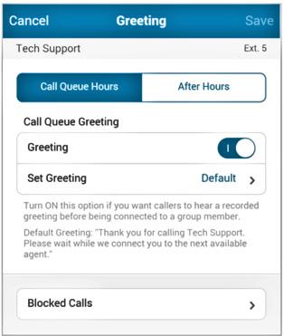 RingCentral Mobile App Guide Call Queue Greeting 77 Options for Call Queue Group Member Availability and Wait Times Maximum time to wait for a Group member to answer a call before trying the next