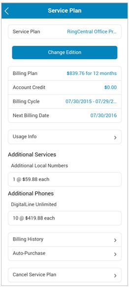 RingCentral Mobile App Guide Billing 88 Billing Admins have access to the Billing menus, which include the plan, and the ability to change the current plan.