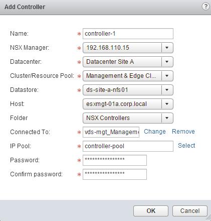 4 Enter the NSX Controller settings appropriate to your environment.