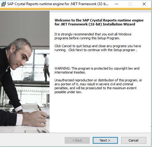 Autosoft Print Bridge Troubleshooting Guide 4. The SAP Crystal Reports runtime engine for.net Framework Installation Wizard will open. Click Next. 5. Click to select I accept the License Agreement. 6.