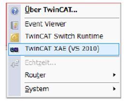 8.2 Adding TwinCAT 3.0 Ethernet Protocol Follow the instructions below to activate the TwinCAT XAE software. From the Task Tray, click TwinCAT Config Mode > TwinCAT XAW] (VS2010).