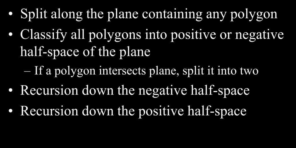 Polygons: BSP Tree Construction Split along the plane containing any polygon Classify all polygons into positive or negative half-space
