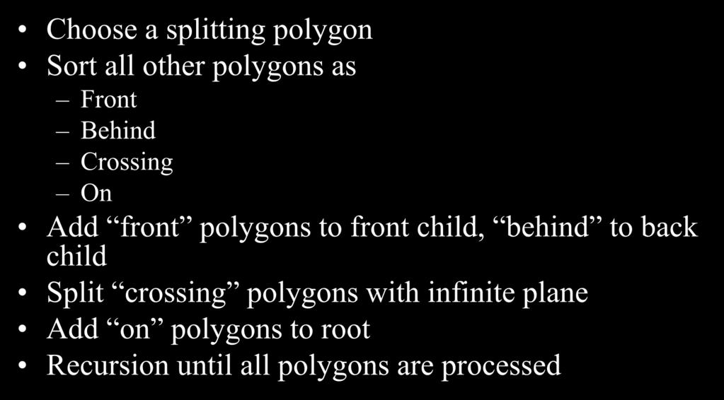 Building a BSP Tree for Polygons Choose a splitting polygon Sort all other polygons as Front Behind Crossing On Add front polygons to