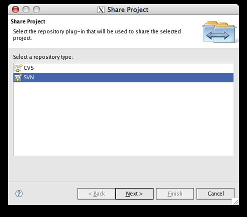 In the next dialog, your SVN repository will be highlighted. Click Next. The next dialog asks you for a folder name. The default is to use the project name which you should accept.