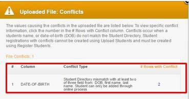 Students: Upload Identifying Conflicts Conflicts occur when there is a mismatch between the student data uploaded and Student Directory information.