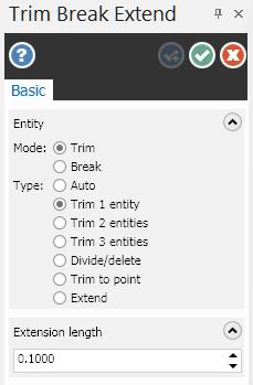 J. Trim Lines. Step 1. On the Wireframe tab click Trim Break Extend. Step 2. In the Trim Break Extend function panel: under Type, Fig. 16 select Trim 1 entity Trim two lines.