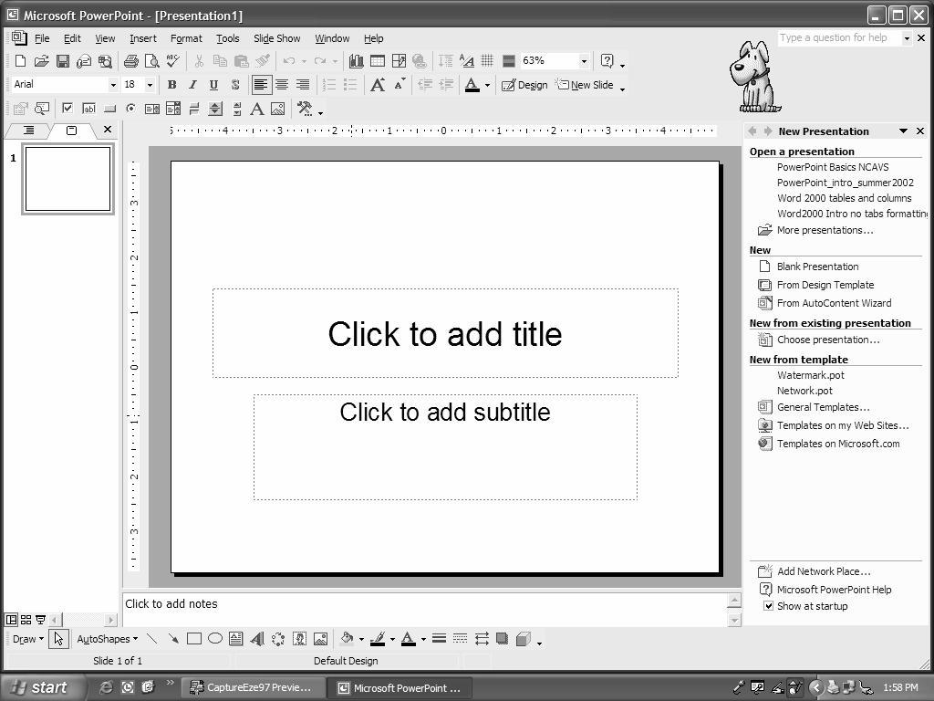 This will be the first screen you see when opening PowerPoint XP Working with Text Text must be selected like any other object before modifying Once text has been selected you can select portions or