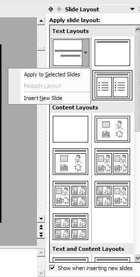 down to see several different layout options To use this pane to insert a new slide, ALWAYS click on
