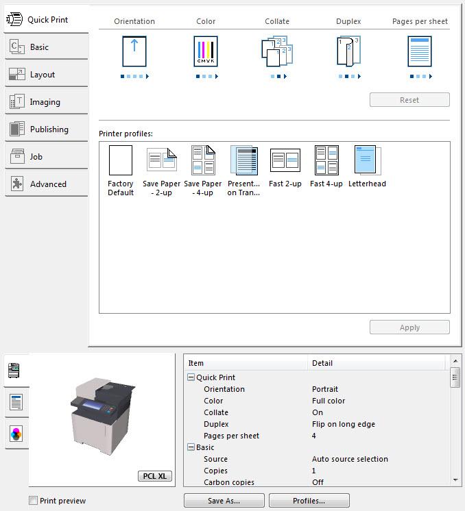 Driver Overview The lower panel of the Printing Preferences dialog box contains overview features that illustrate driver selections.