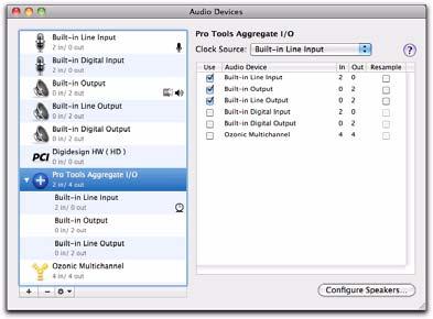 4 In the Audio Devices window of the Mac Audio Setup, configure the corresponding Built-in audio options or the Pro Tools Aggregate I/O option as desired.