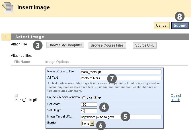 Complete the Insert Image page first by selecting the source for the image and then adding in the required information: 3 Browse for the file on your local computer, in Course Files, or use a source