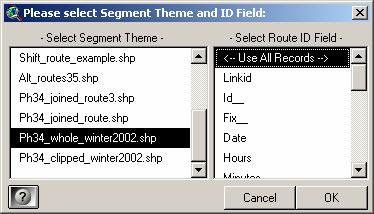 All the original fields and values you specified in the Select Buffered Route (Polygon) Theme: dialog (see above).